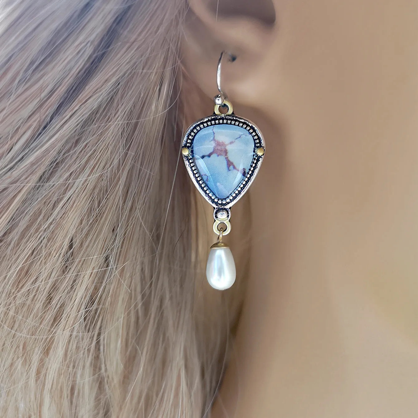 Retro blue Bohemian drop earrings with synthetic opal and pearl geometric design