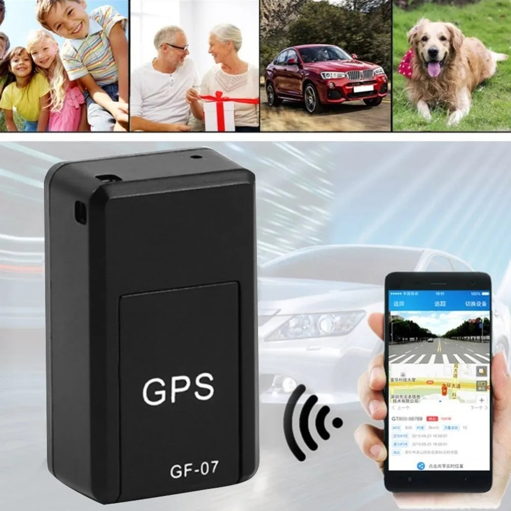 Black mini magnetic GPS car tracker device with dimensions 35x20x14mm
