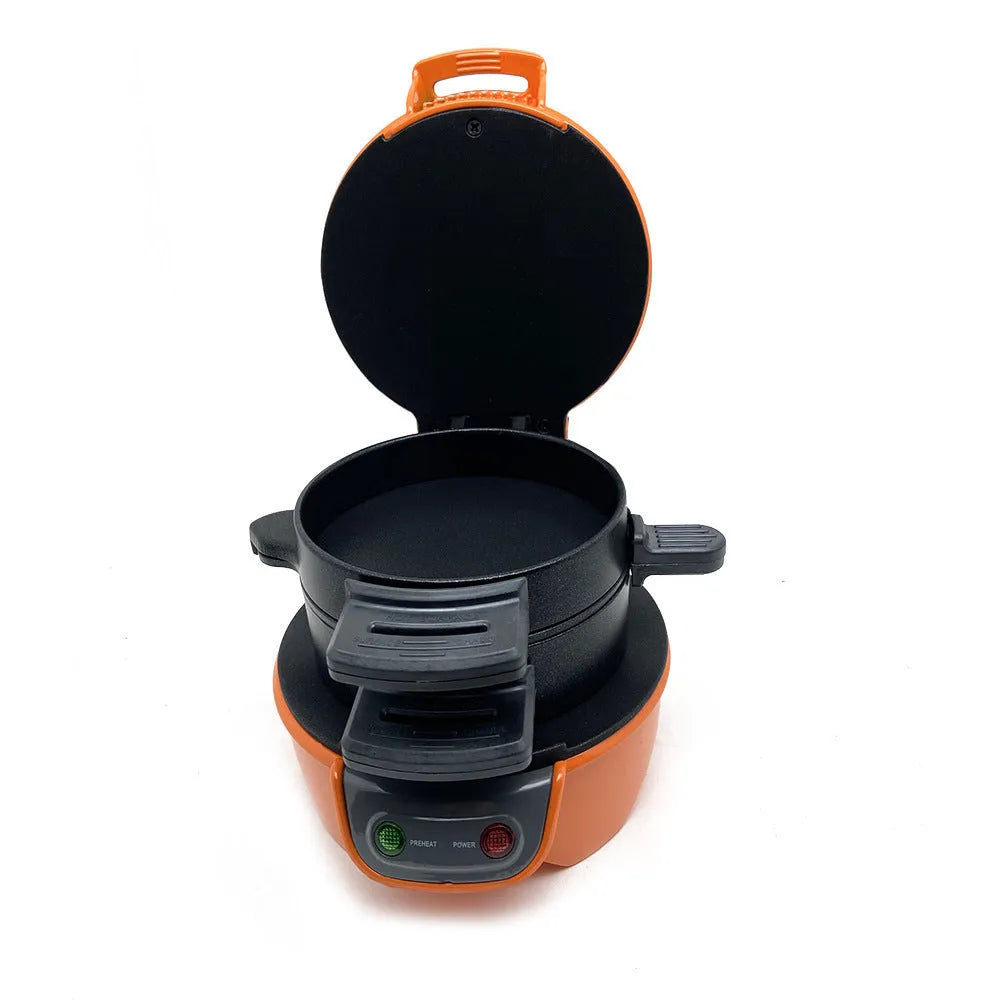 Bright red multifunctional breakfast machine with sandwich plates, waffle grid, and egg cooker ring on a kitchen counter.