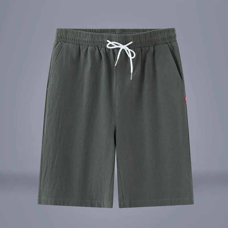 Cotton and linen solid colour cropped pants with drawstring waist in army green.