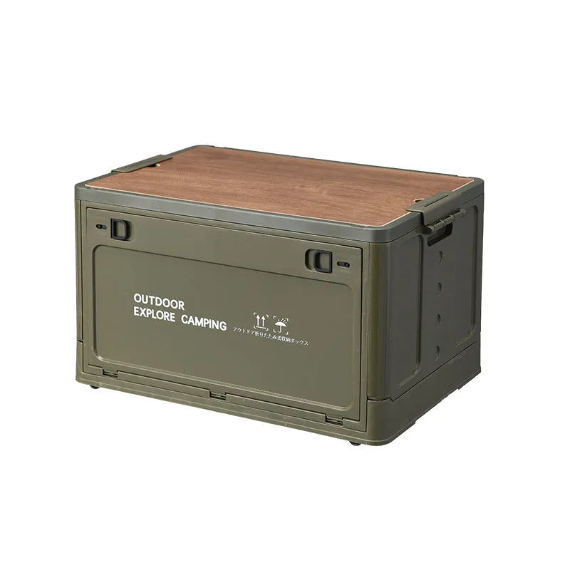 Large white plastic storage box with wooden lid for household organisation
