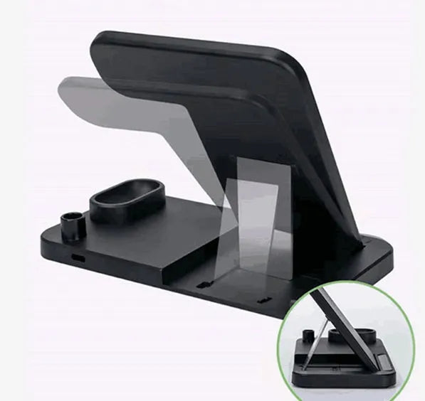 Black 4-in-1 wireless charging station showing phone, Apple Watch, AirPods, and Apple Pencil charging simultaneously.