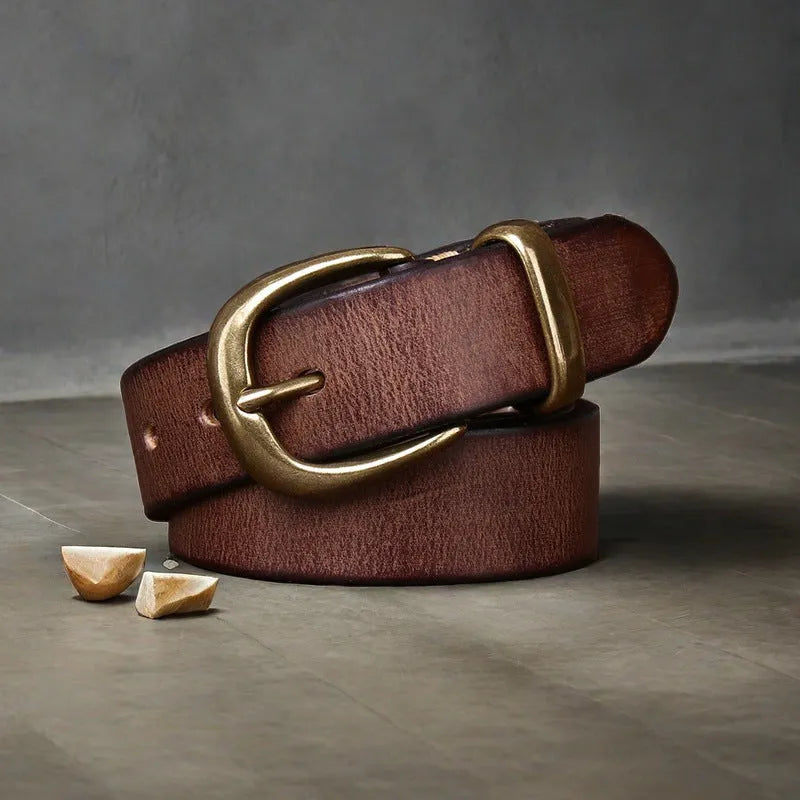 Men's casual belt in first layer cattlehide leather with copper pin buckle in black, brown, or khaki.