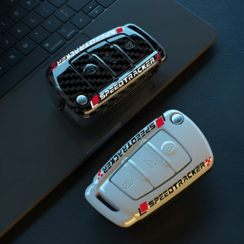 Carbon fibre style car key cover with mirrored finish in carbon pattern and white colour options