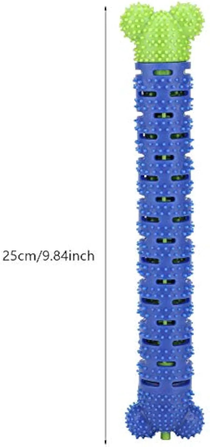 Blue and green dog dental chew toy with brush head texture and massage nodules, 25cm long
