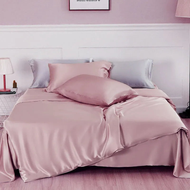 Solid colour double-sided silk duvet cover in bright brown, showing smooth texture and neat corner.