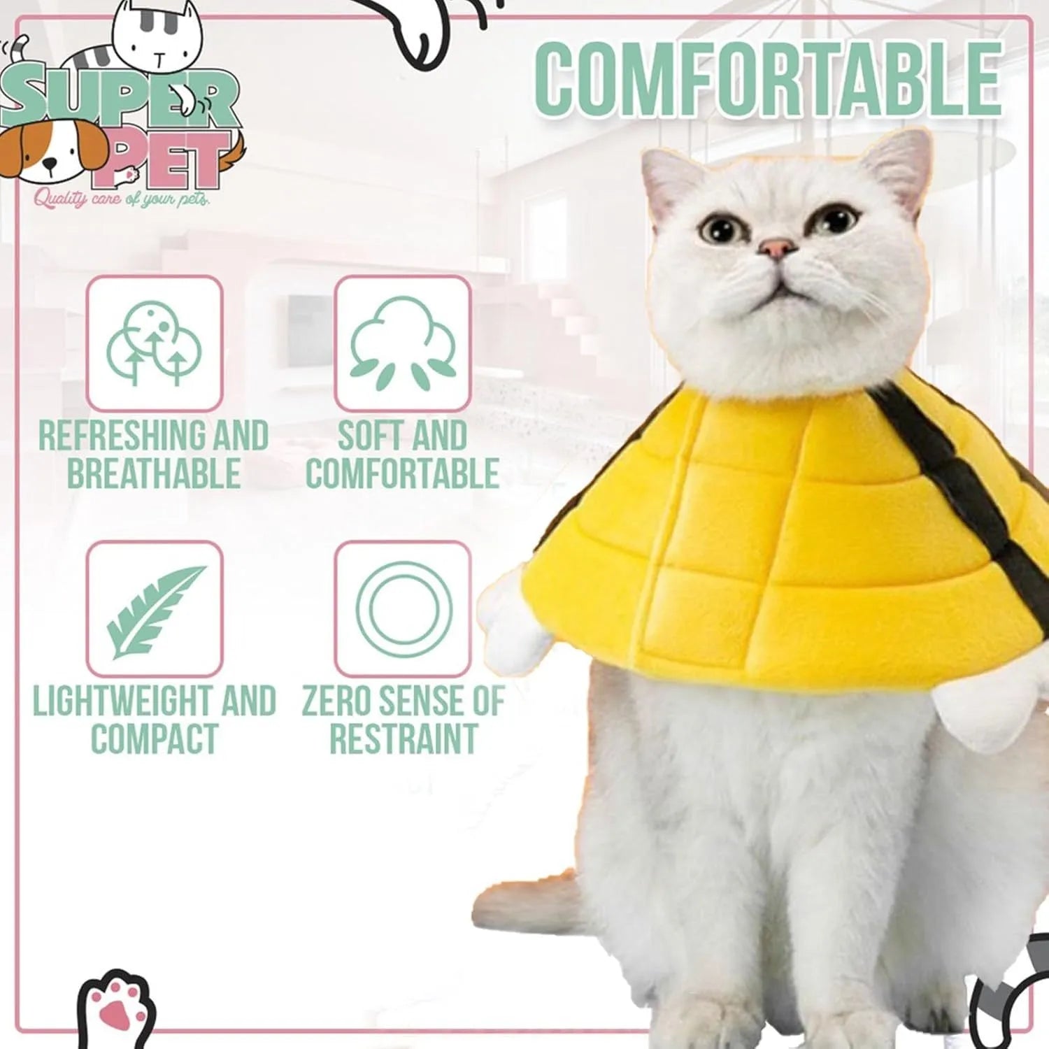 Soft fabric cat cone collar with black and yellow bee design and Velcro closure.