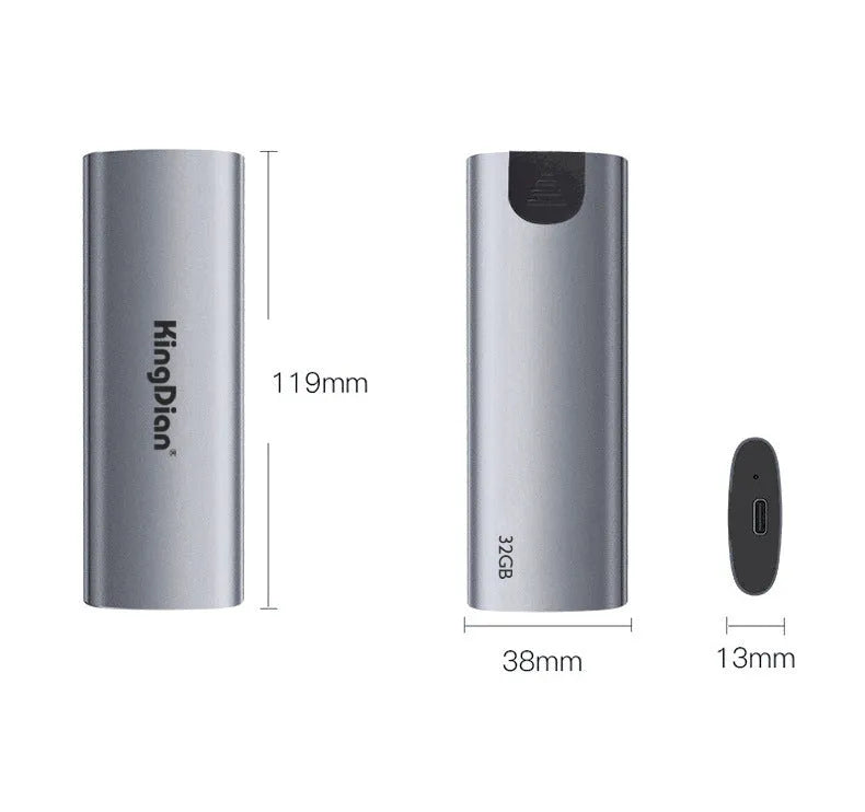Grey aluminium mobile solid state drive with USB 3.0 connector for phone storage expansion.