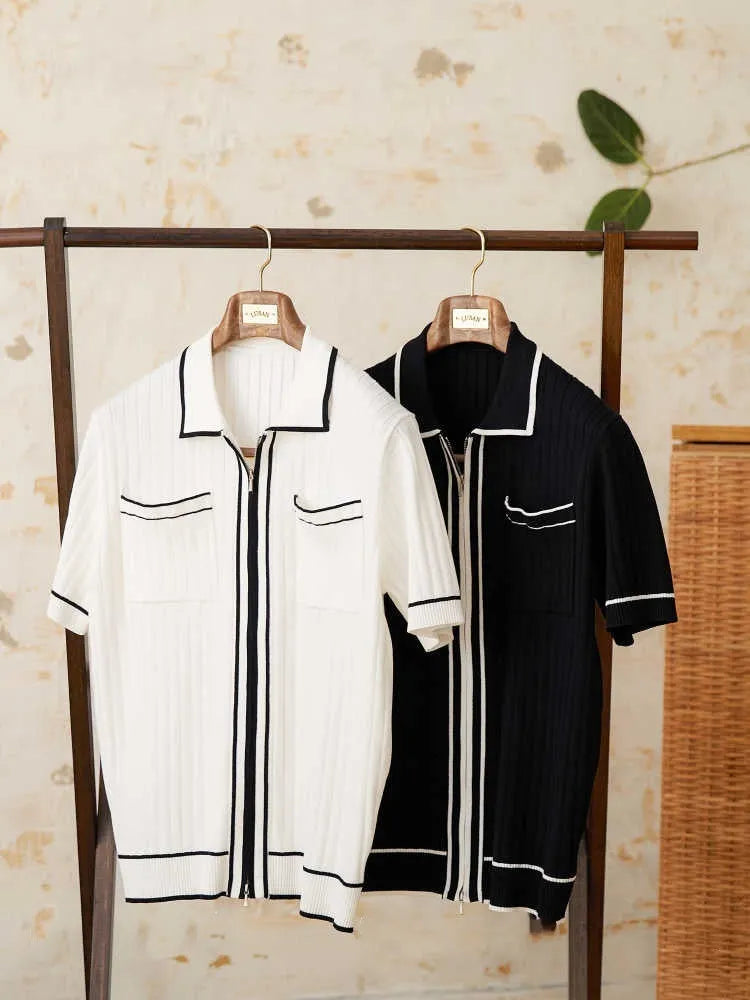 Slim elastic lapel short-sleeved polo shirt in black viscose blend fabric for men