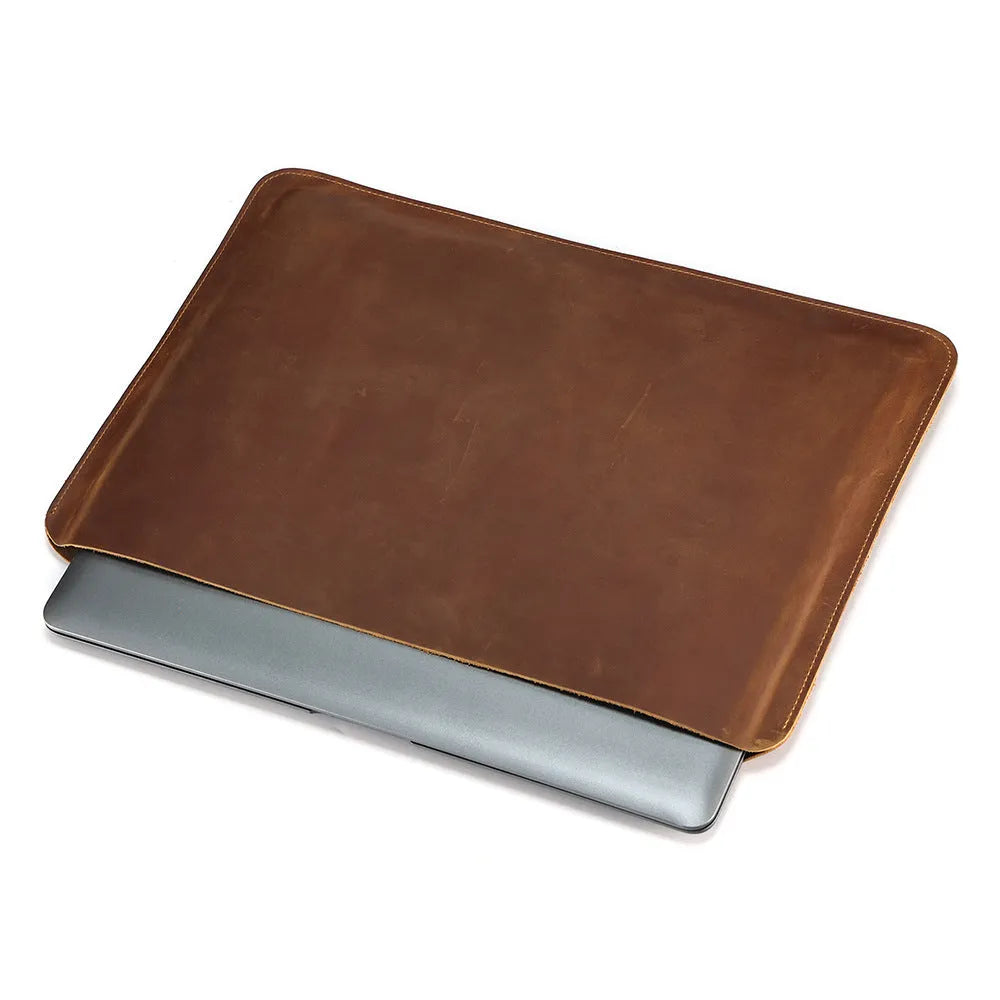 Brown genuine cowhide horizontal computer liner bag showing laptop compartment
