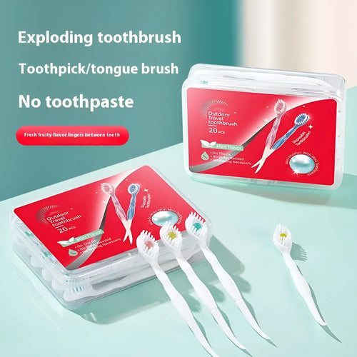 Box of 20 disposable bead toothbrushes with mint, peach, and plum green tea flavour options.