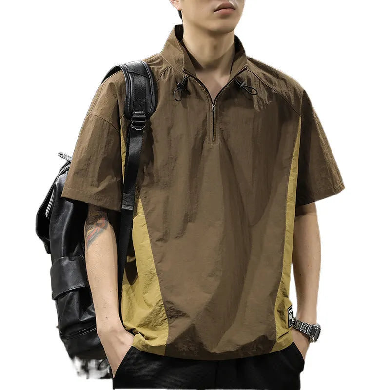 Men's brown half-zip stand collar shirt with short sleeves and loose fit summer design