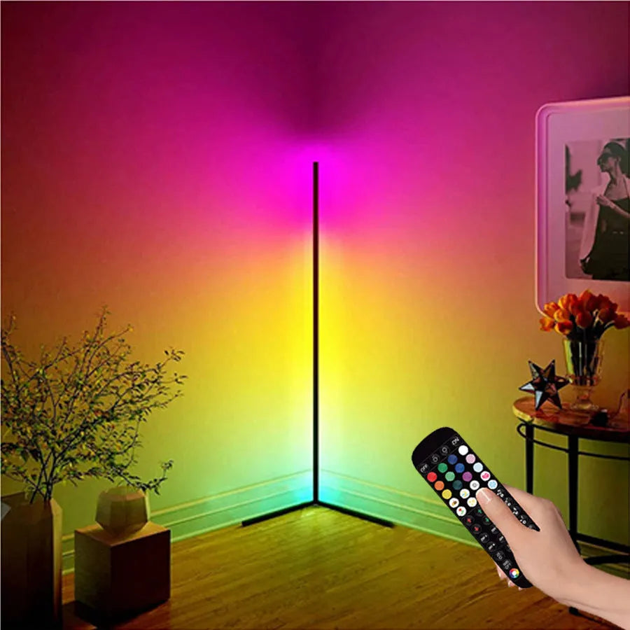 Black smart floor lamp with RGB lighting, silicone shade, and remote control for bedroom atmosphere