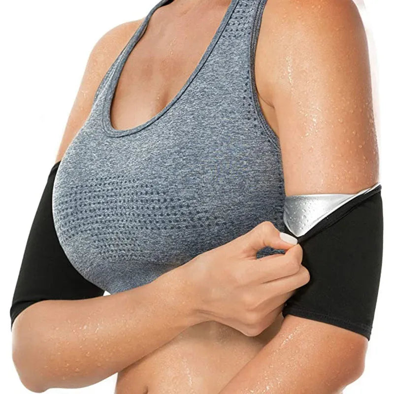 Adjustable sports arm sweatband in multiple colour options including blue, silver, black with red, and black with yellow.