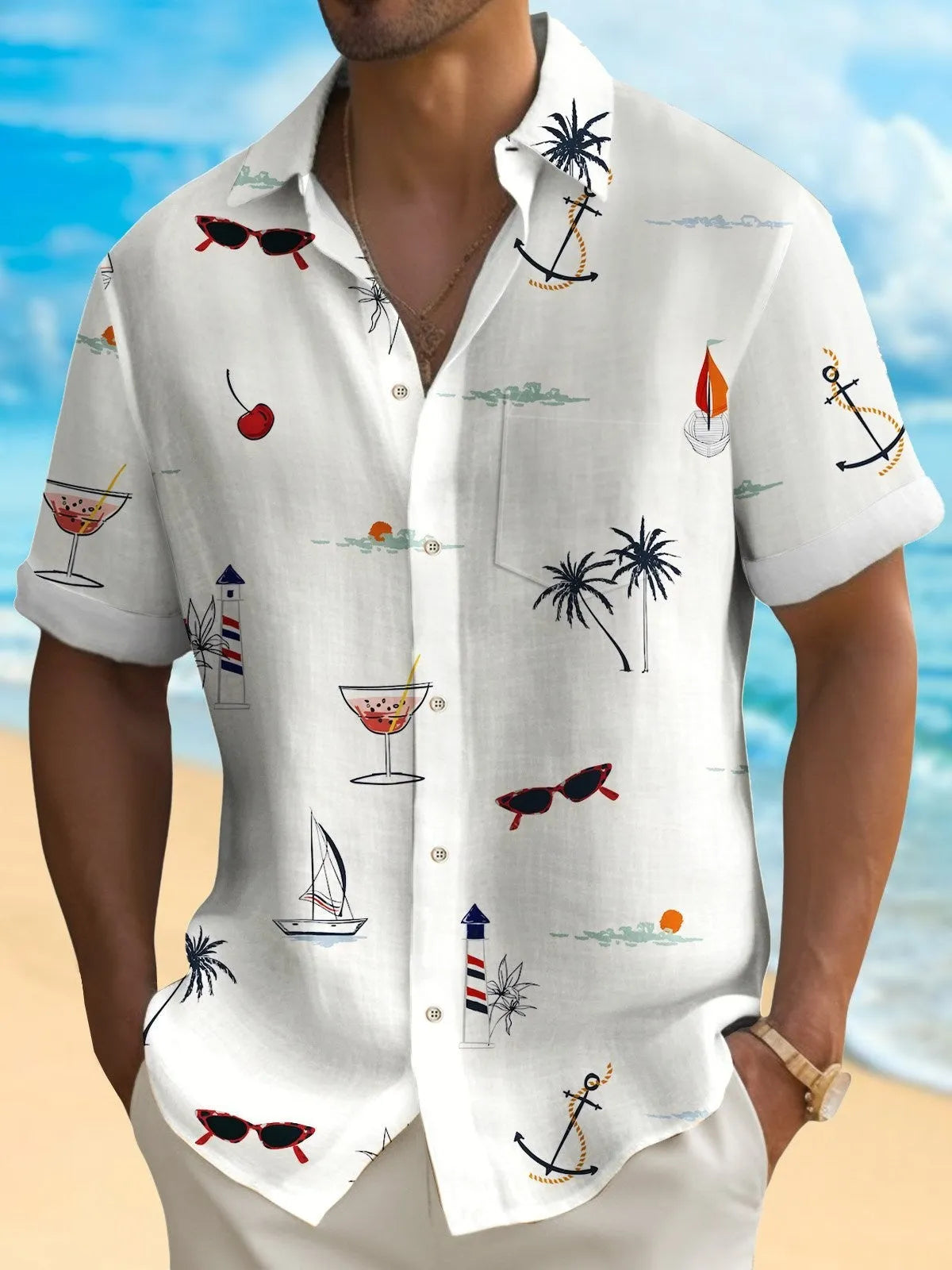 Men's short sleeve Hawaiian print shirt with colourful pattern on polyester fabric.