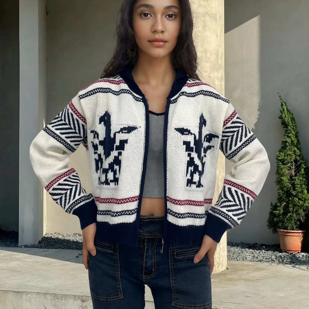 White women's wool cardigan with front zipper, lapel collar, and contrast stripe pattern