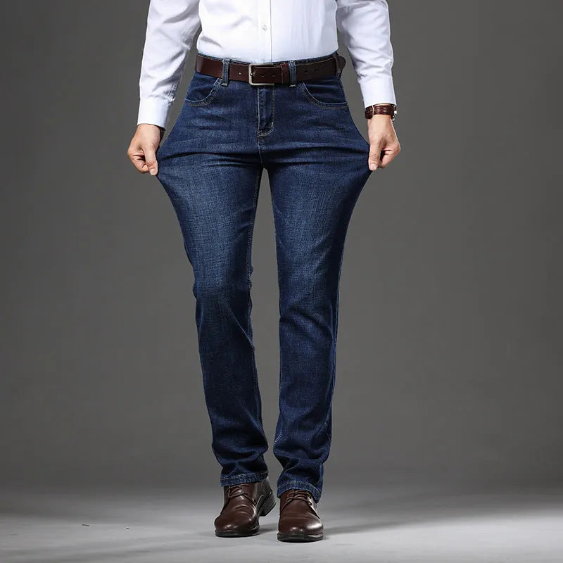 Stretch jeans in straight-leg trousers style showing black and blue denim options with mid-waist design