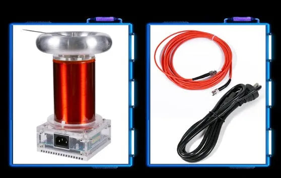 Tesla coil driver board unit with controller and cables for musical lightning displays.