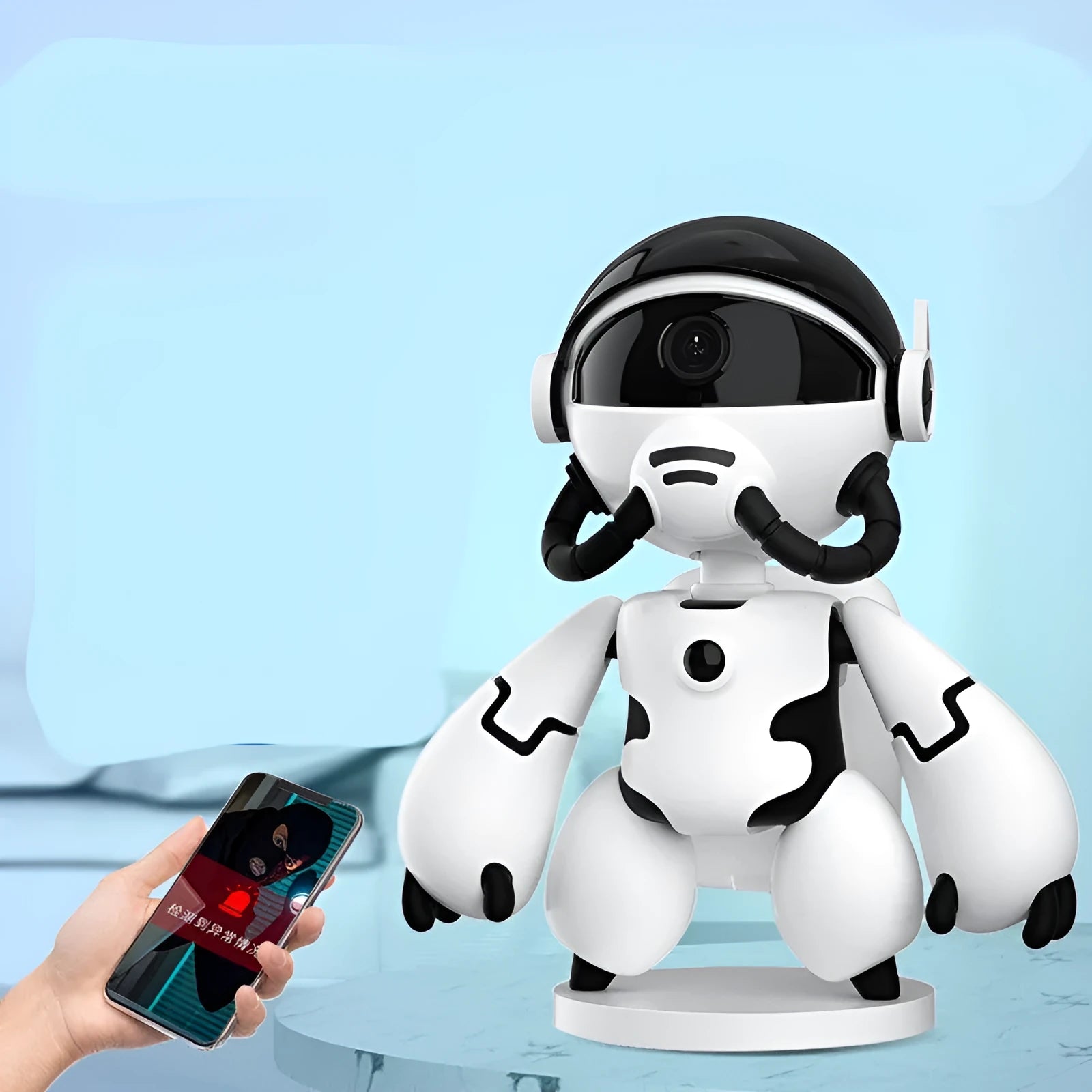 White Space Robot home security camera on a table with a detachable base, showing a wide-angle lens.