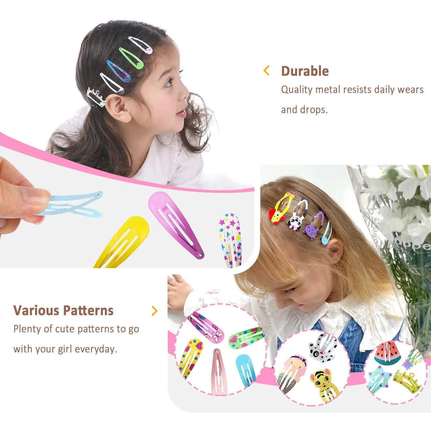 Assorted metal snap hair clips in bright colours showing animal, fruit, crown and star designs