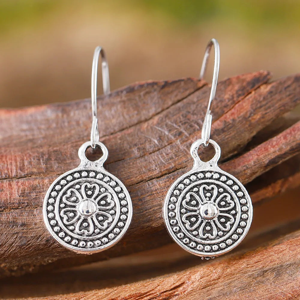 Bohemian retro round print distressed ethnic earrings in zinc alloy geometry shape