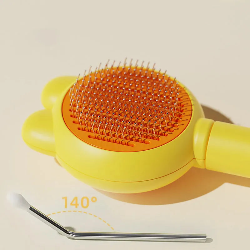 Self-cleaning pet grooming brush with release button and stainless steel comb in assorted colours