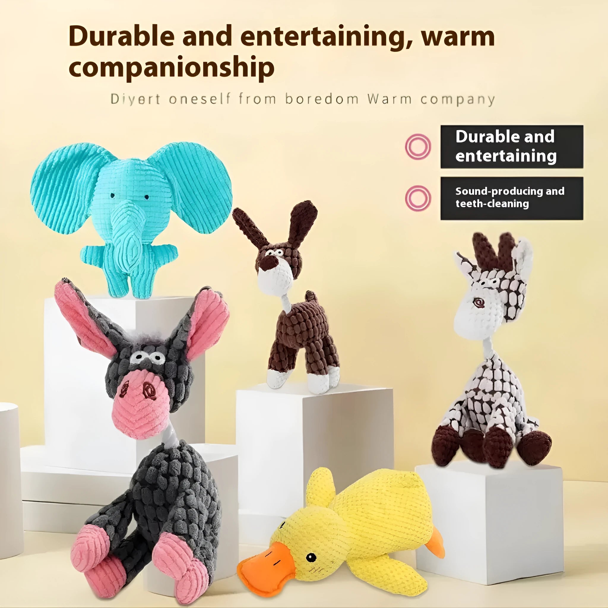Assorted plush pet chew toys including a blue elephant, a duck, and a donkey in different colours