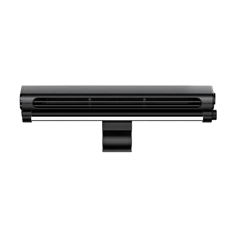 Black bladeless clip-on laptop fan with integrated lighting lamp attached to computer screen