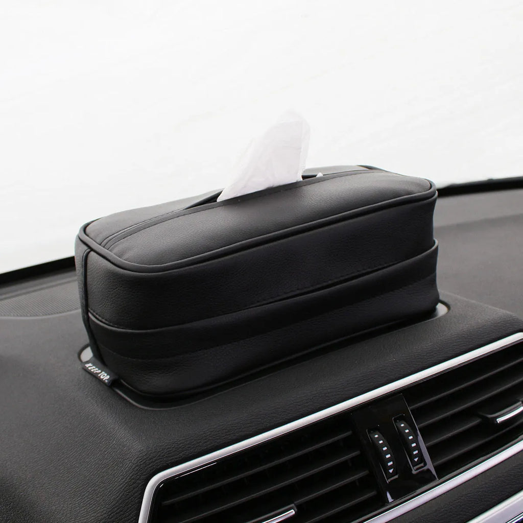 Black PU leather hanging storage box with dimensions for car organisation.
