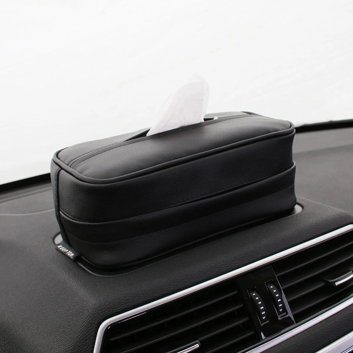 Black PU leather hanging storage box with dimensions for car organisation.