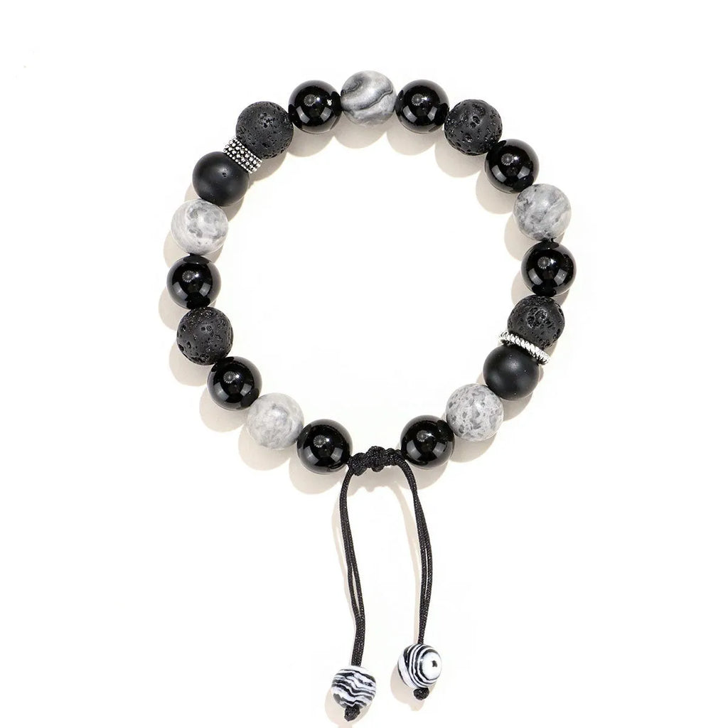 Black agate map stone volcanic rock bracelet with diamond-shaped beads and electroplated metal fittings