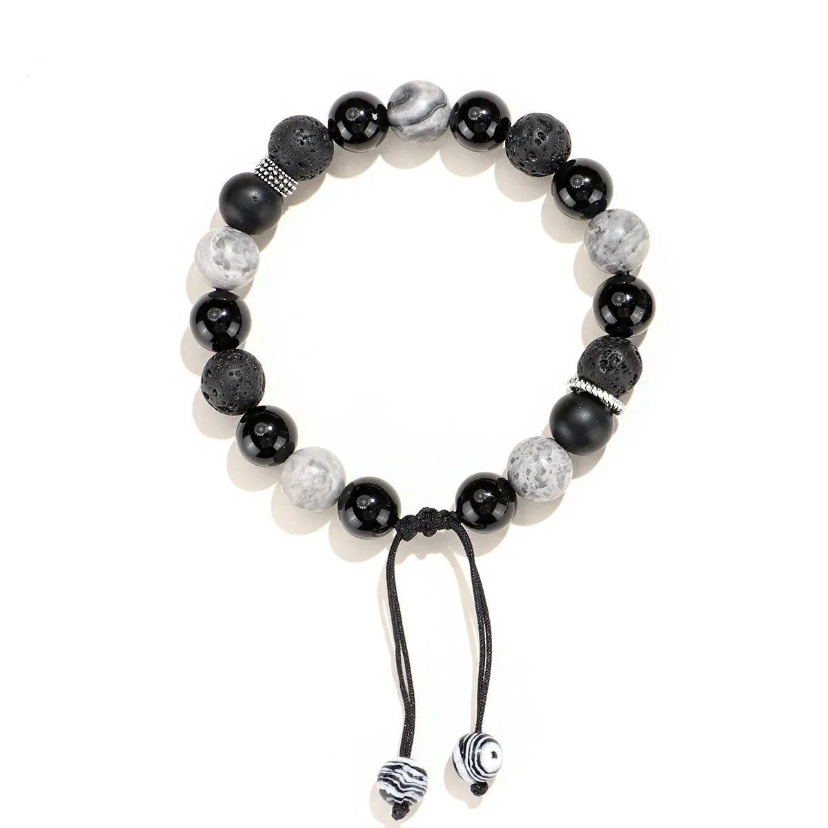 Black agate map stone volcanic rock bracelet with diamond-shaped beads and electroplated metal fittings