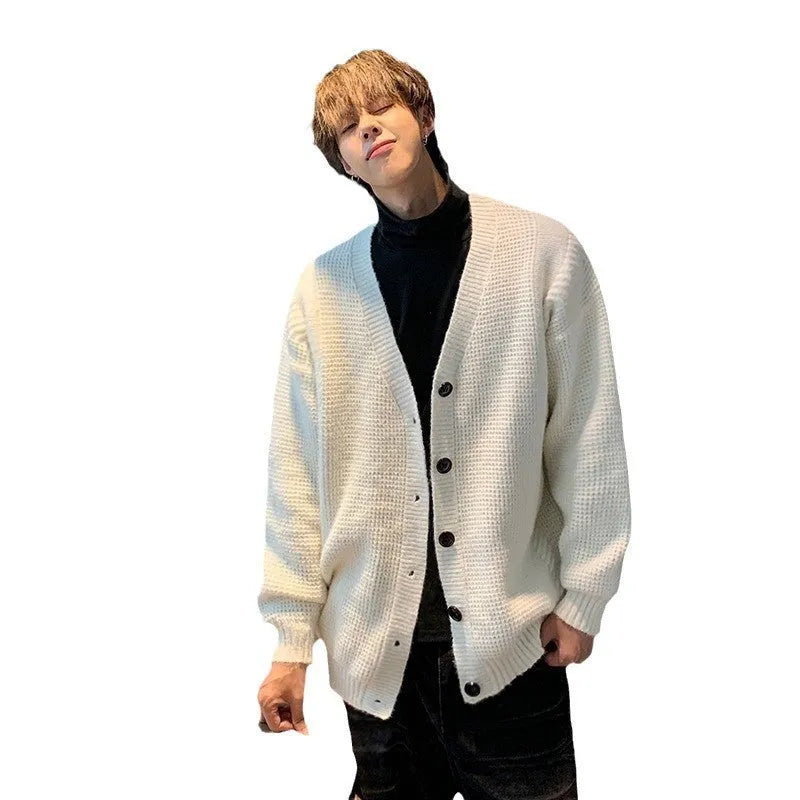 Men's army green cotton blend V-neck cardigan sweater with long sleeves in loose casual style