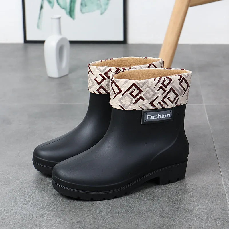 Women's black PVC rain boots with mid-calf height and low heel