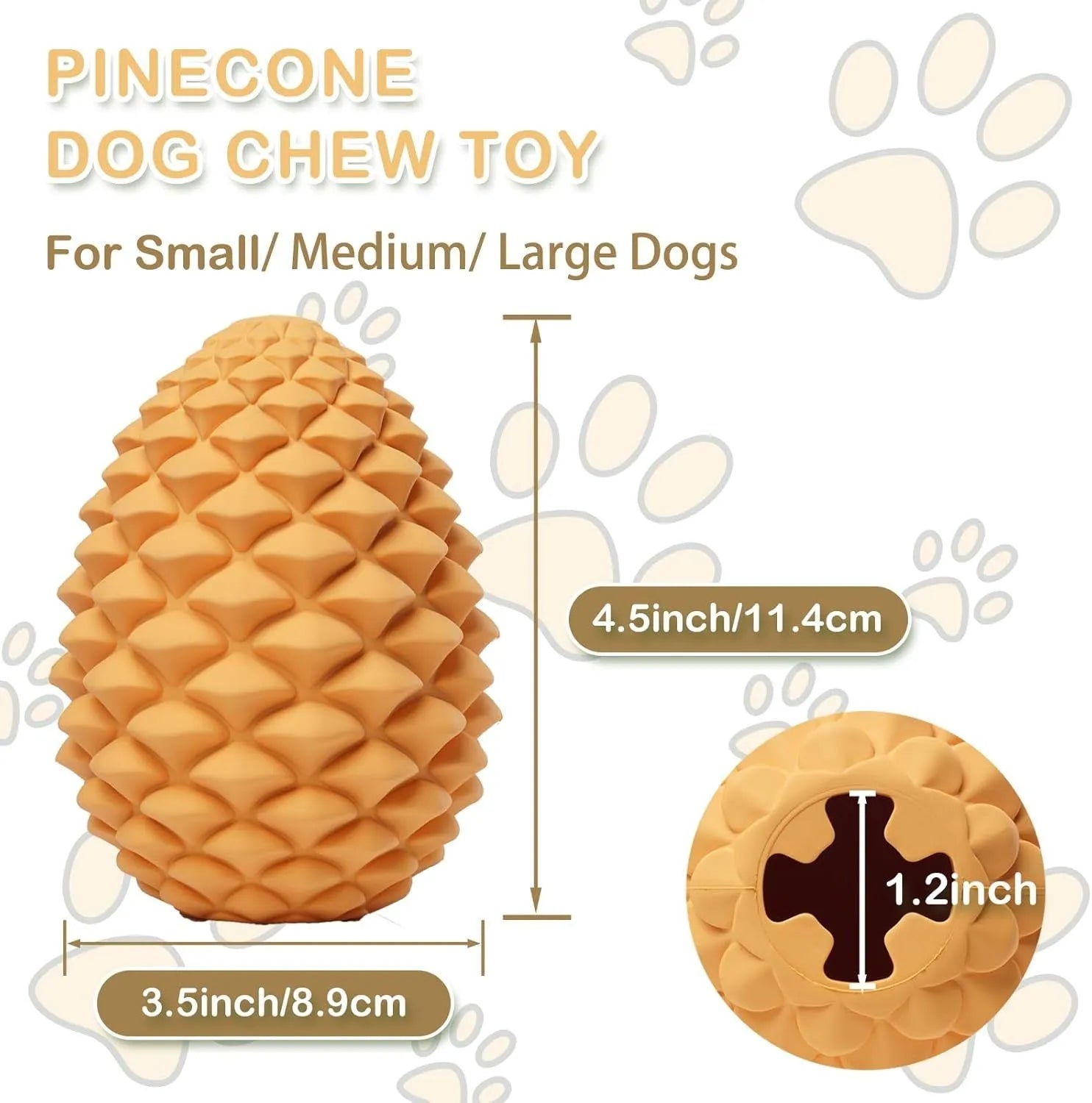 Yellow pine cone shaped natural rubber dog chew toy with textured surface and treat dispensing opening