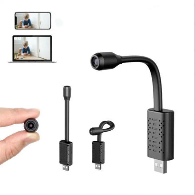 Black V380 wireless USB HD security camera showing compact design.
