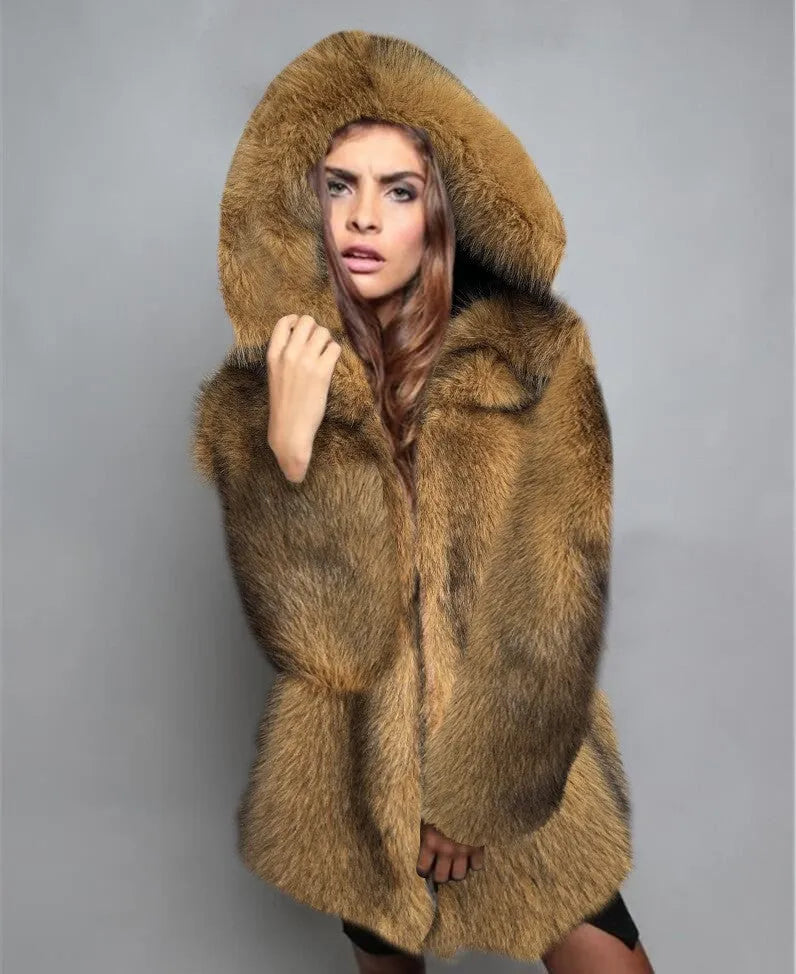 Silver grey loose-fit artificial fur mid-length coat for women on a hanger.