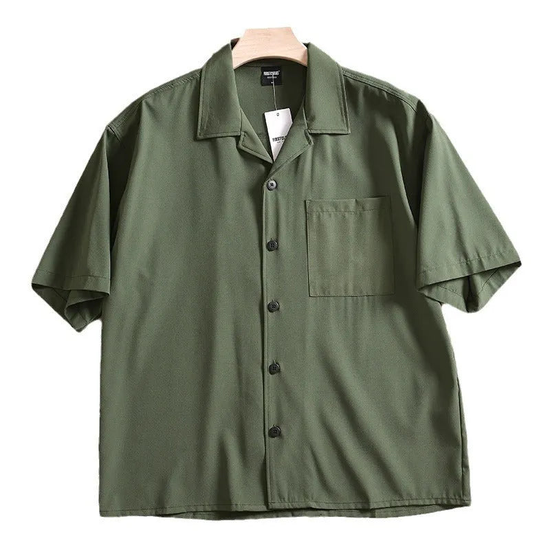 Men's loose-fit lightweight short sleeve shirt in solid colour, shown in Army Green.