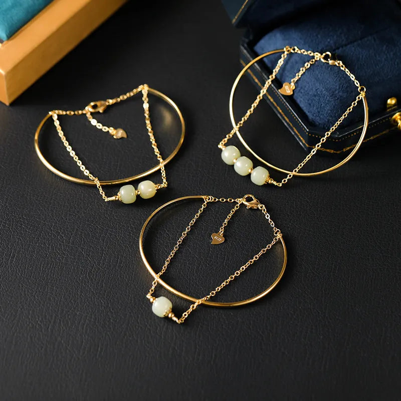 Women's Hetian jade lucky beads bracelet with gold inlay treatment in single, double, and three beads versions