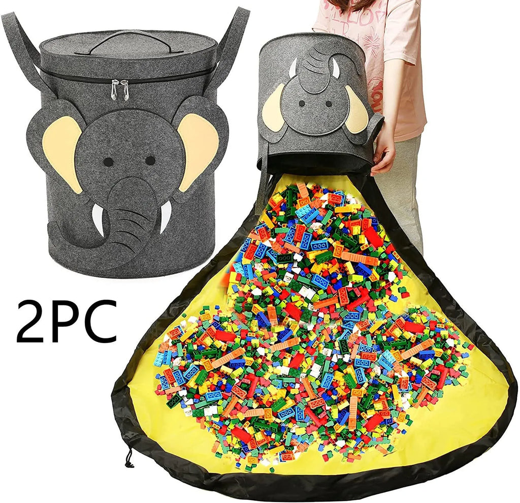 Green felt cube storage bag with pull rope shown as both toy container and play mat