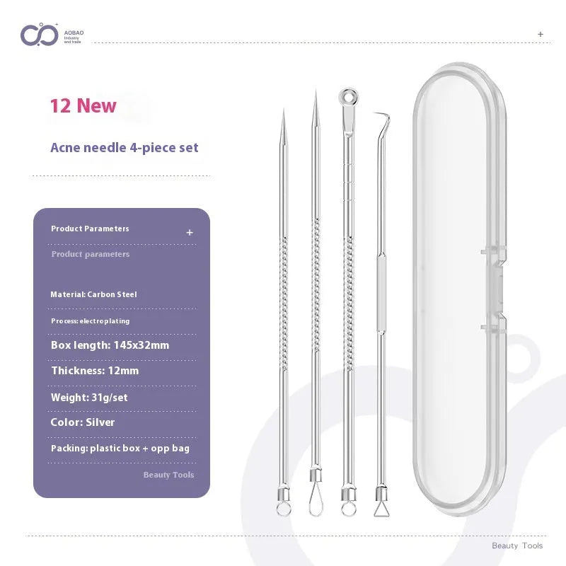 Four silver metal acne needles with pointed tips laid out on a flat surface.
