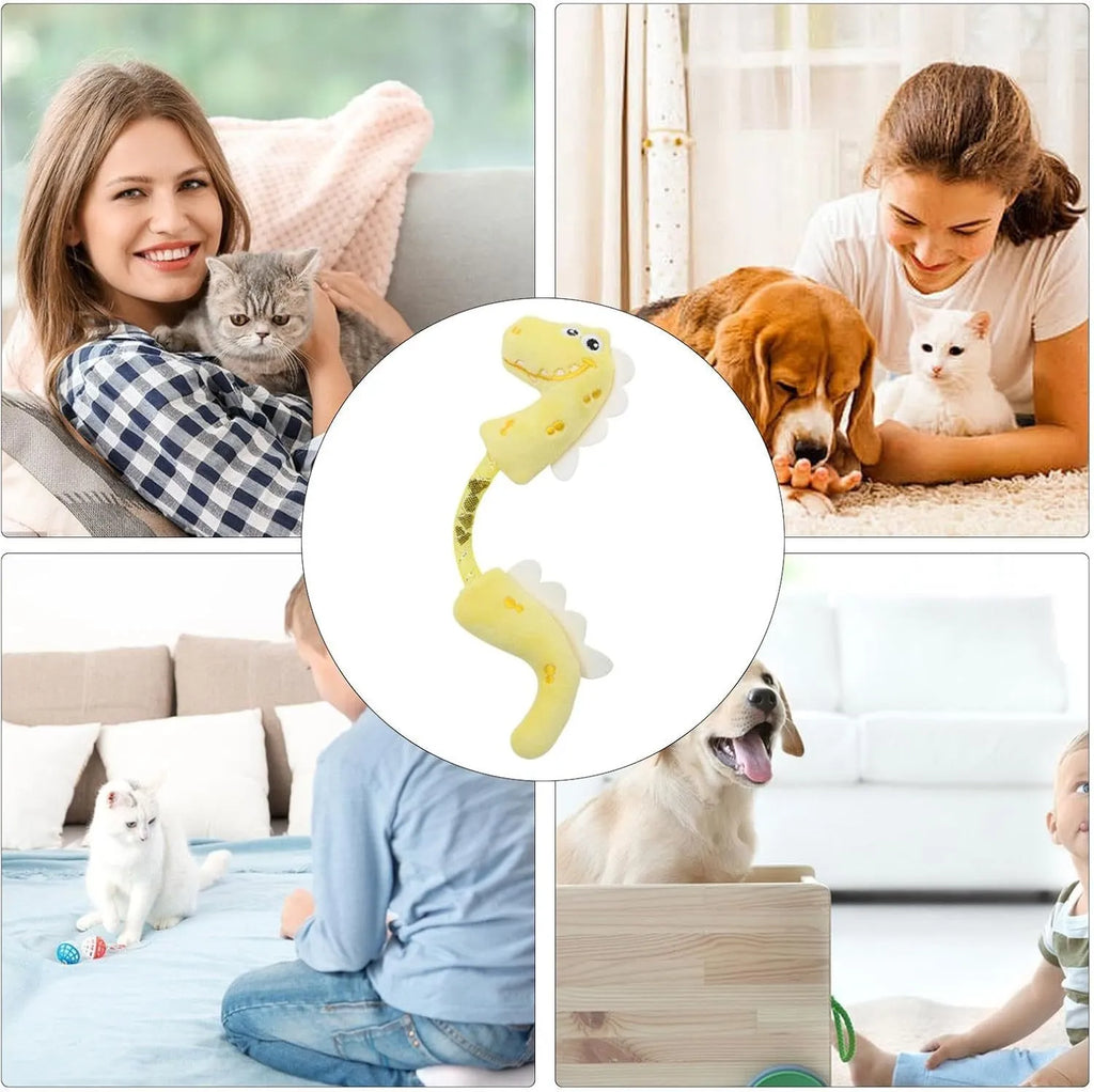 Four different cat chew toys including rope, spring, and plush kicker types in pink, purple, or yellow colours