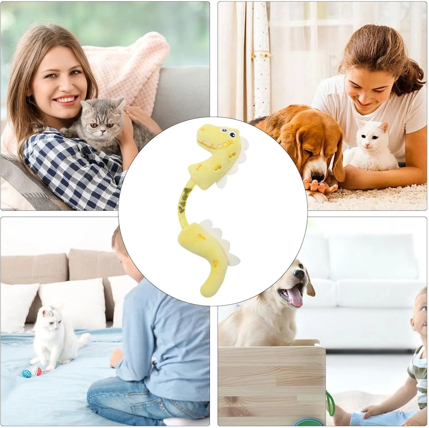 Four different cat chew toys including rope, spring, and plush kicker types in pink, purple, or yellow colours