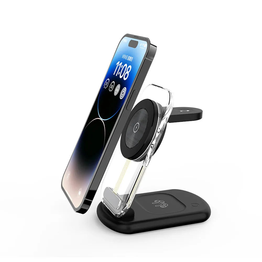 Transparent folding magnetic three-in-one wireless charger for iPhone, AirPods and Apple Watch