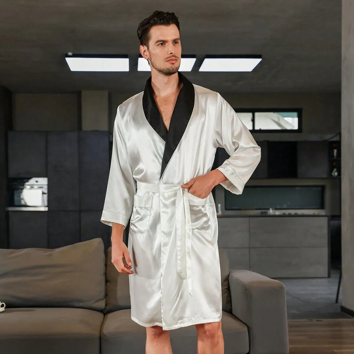 Men's lightweight rayon bathrobe for summer in various colour options showing simple construction