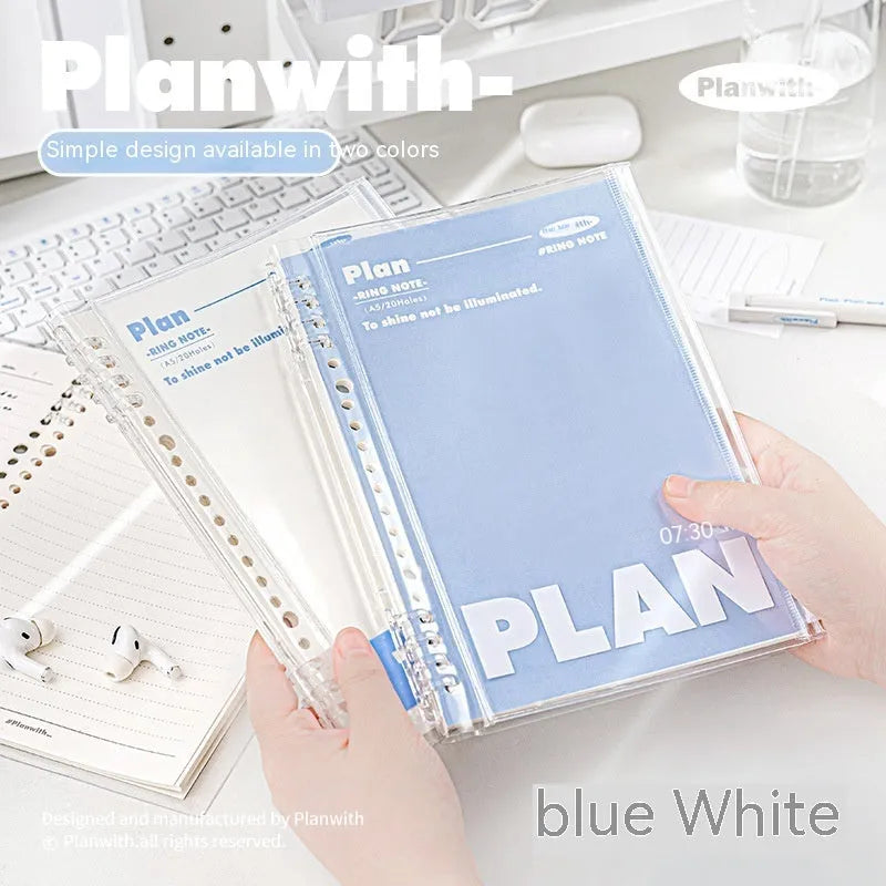 A5 PVC can store spiral notebook in blue or white colour measuring 148x210mm