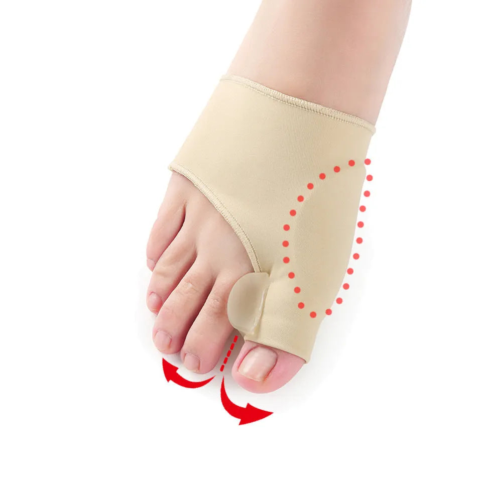 Corrective toe socks with silicone gel bunion pad and toe separator on a foot.