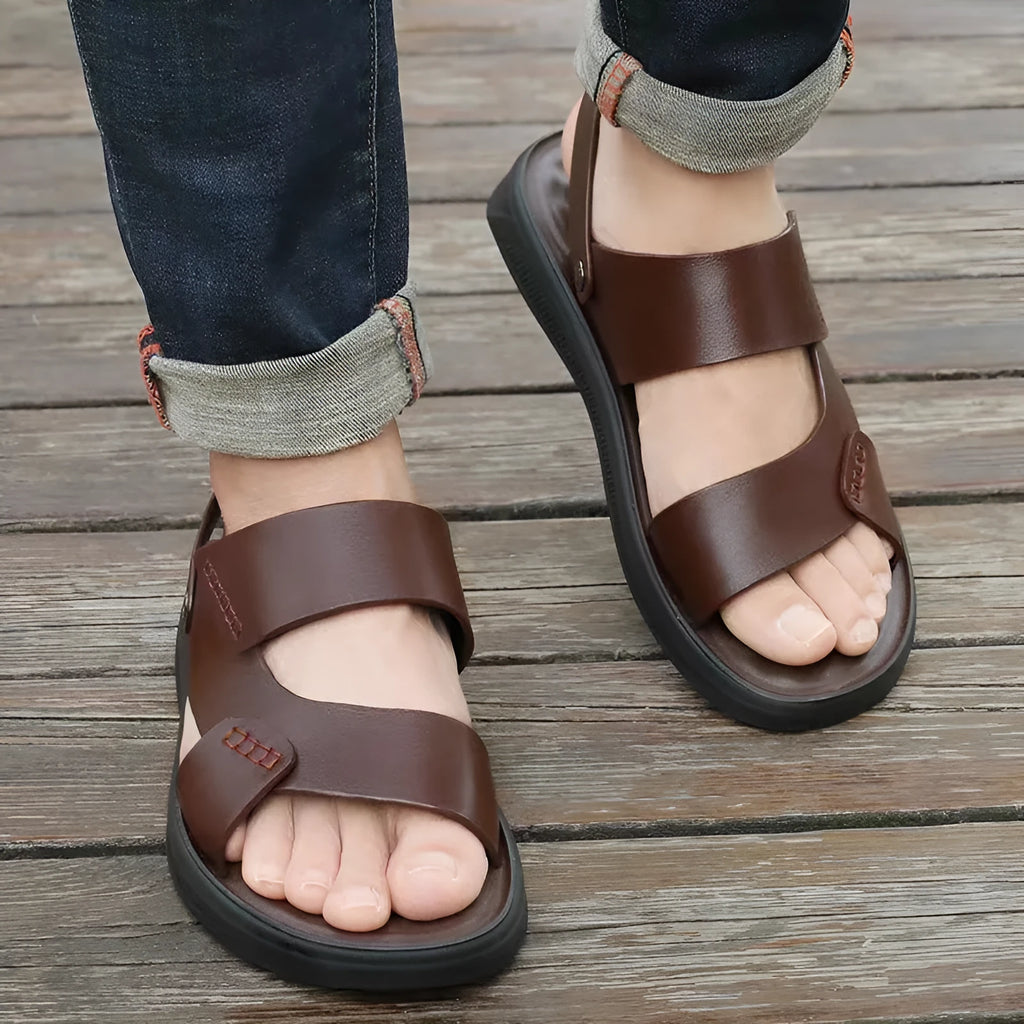 Men's brown and black waterproof plastic casual sandals shown in sizes 39 to 45.