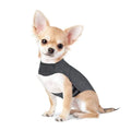 Heather Grey brocade cotton dog anxiety jacket and warm vest shown on a model, sized for dogs from under 4kg to over 50kg.