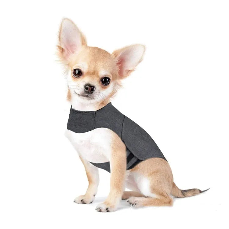 Heather Grey brocade cotton dog anxiety jacket and warm vest shown on a model, sized for dogs from under 4kg to over 50kg.